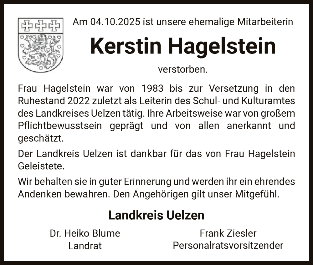  Traueranzeige für Kerstin Hagelstein vom 11.10.2025 aus AZ
