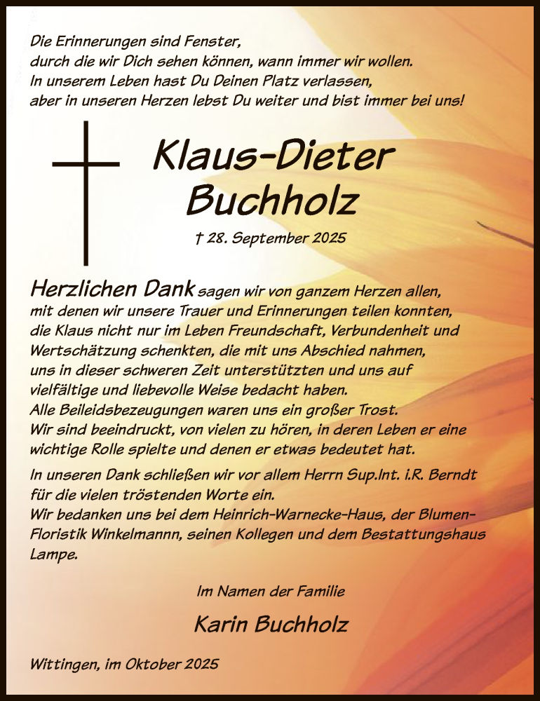  Traueranzeige für Klaus-Dieter Buchholz vom 25.10.2025 aus IK