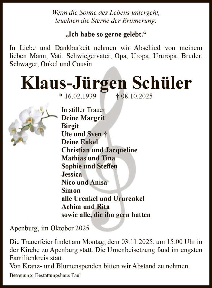  Traueranzeige für Klaus-Jürgen Schüler vom 14.10.2025 aus AMZ
