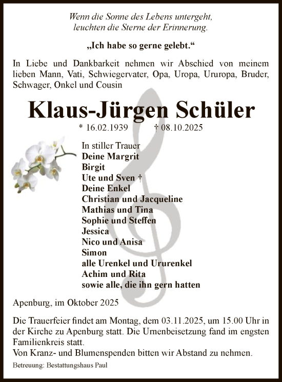 Traueranzeige von Klaus-Jürgen Schüler von AMZ