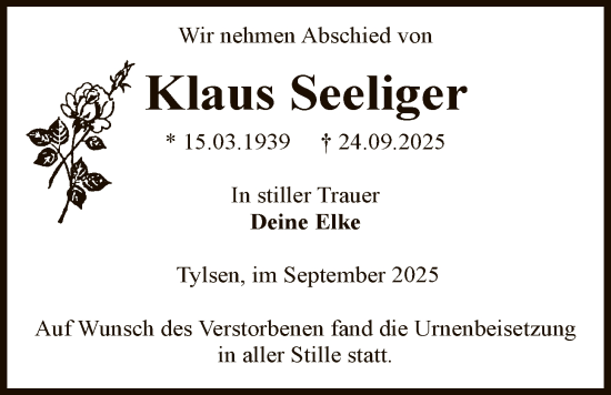 Traueranzeige von Klaus Seeliger von AMZ