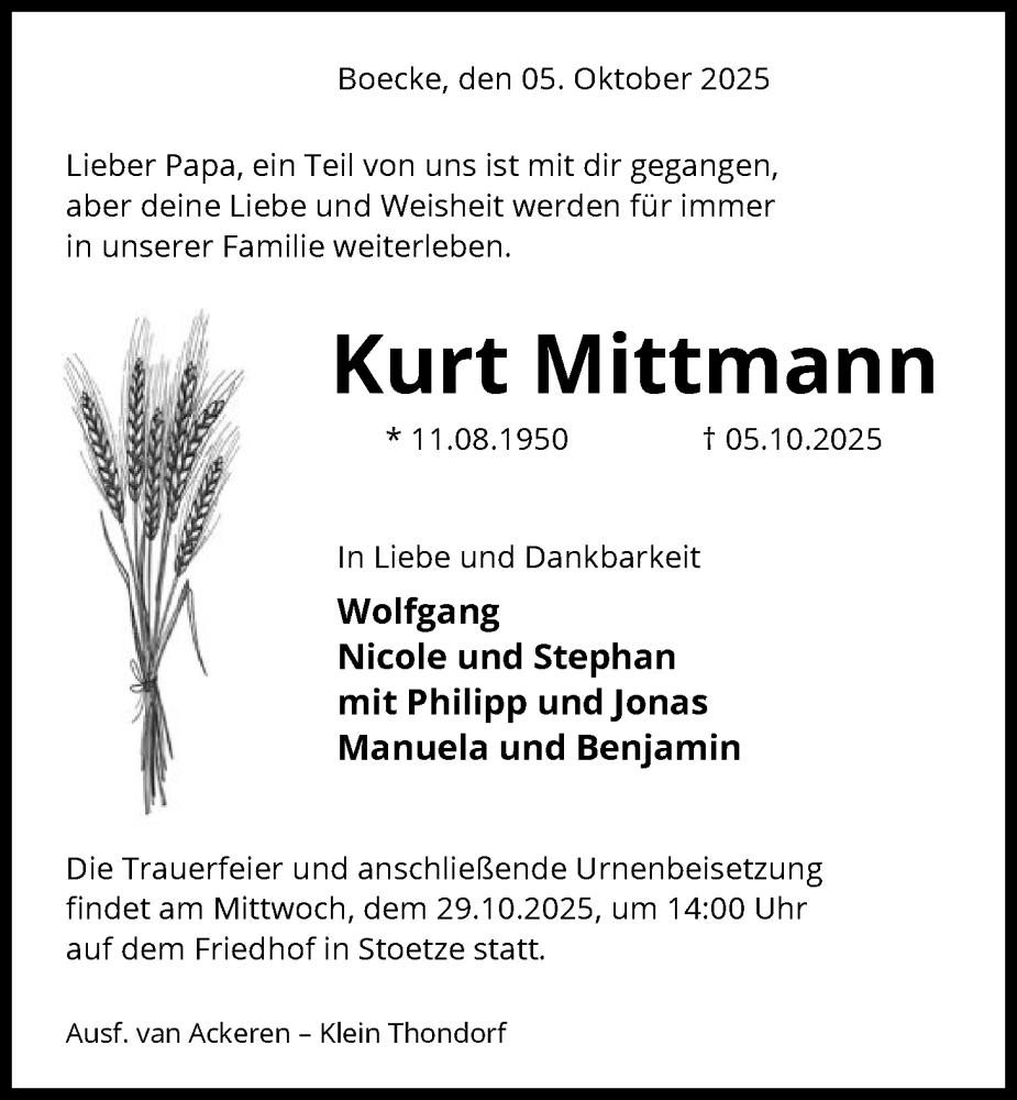  Traueranzeige für Kurt Mittmann vom 25.10.2025 aus AZ