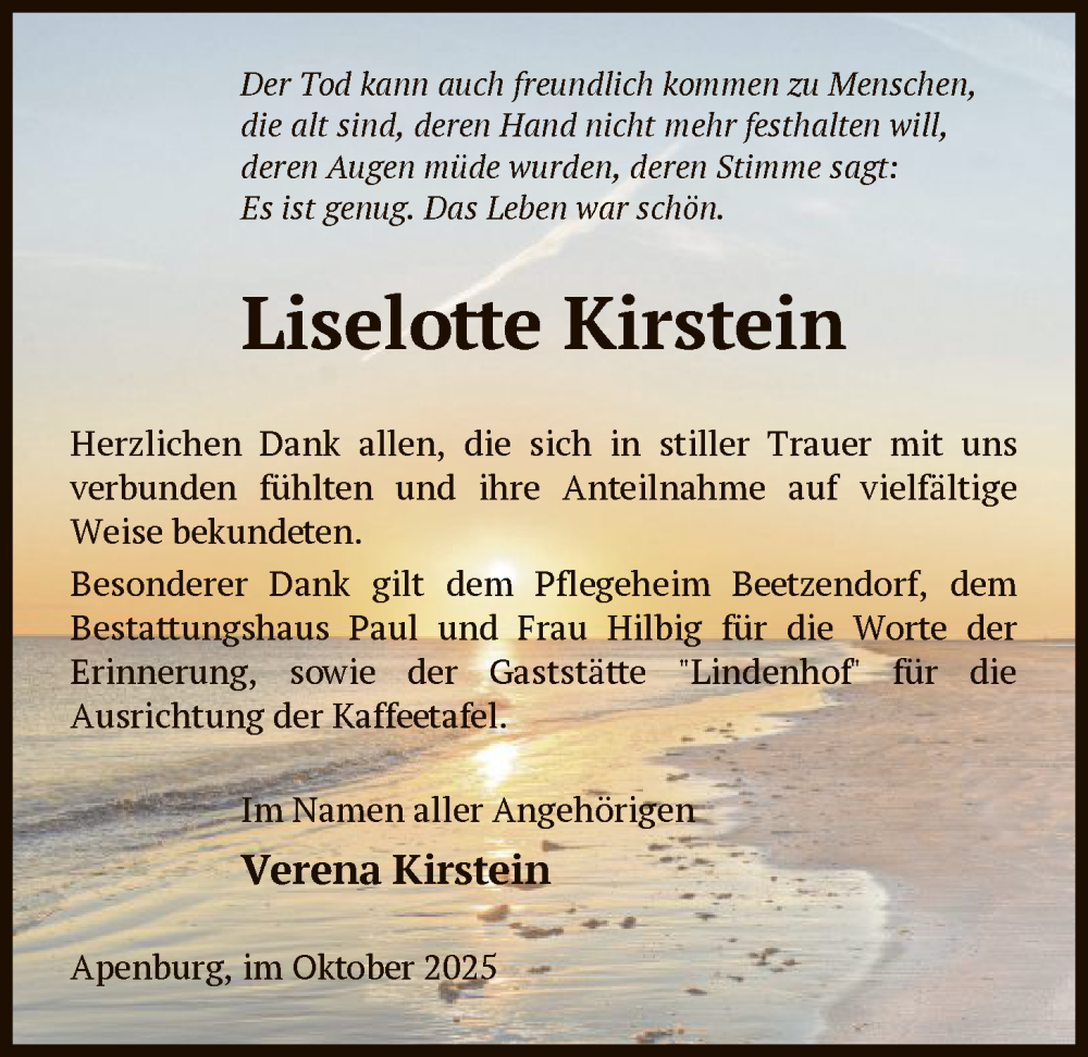  Traueranzeige für Liselotte Kirstein vom 30.10.2025 aus AMZ