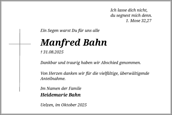 Traueranzeige von Manfred Bahn von AZ
