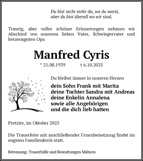 Traueranzeige von Manfred Cyris von AMZ