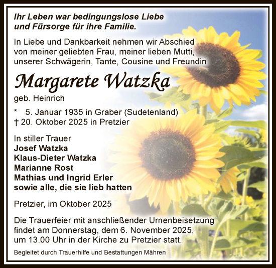 Traueranzeige von Margarete Watzka von AMZ