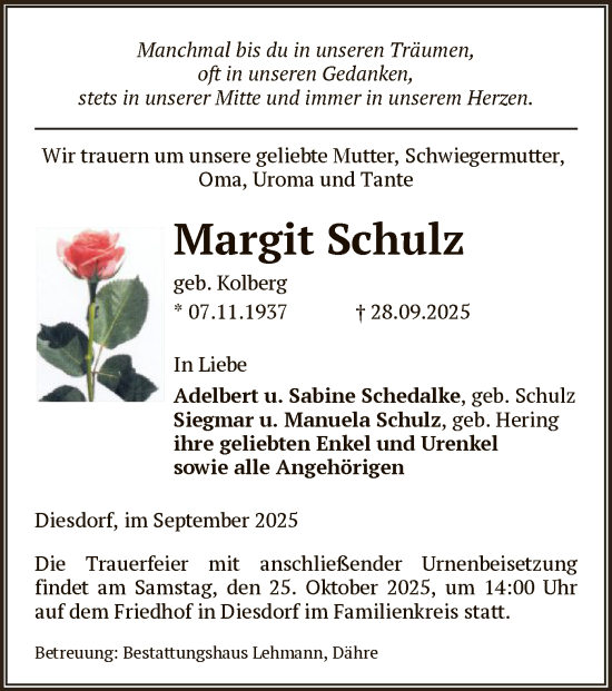 Traueranzeige von Margit Schulz von AMZ