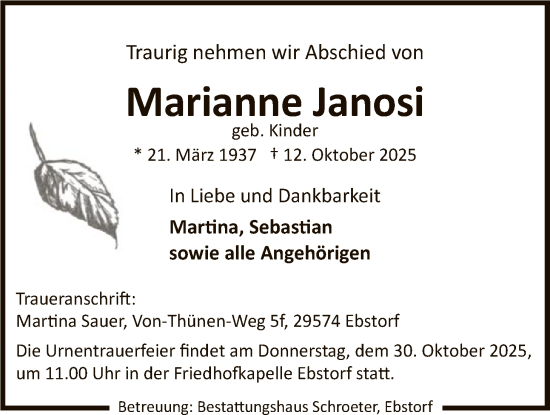 Traueranzeige von Marianne Janosi von AZ