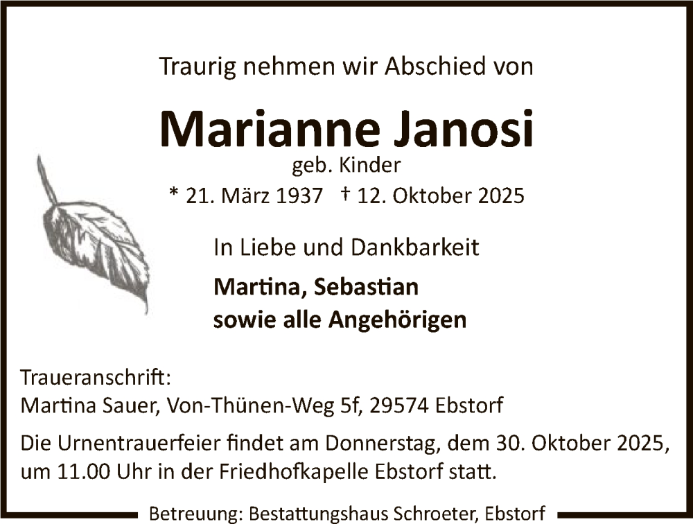  Traueranzeige für Marianne Janosi vom 18.10.2025 aus AZ