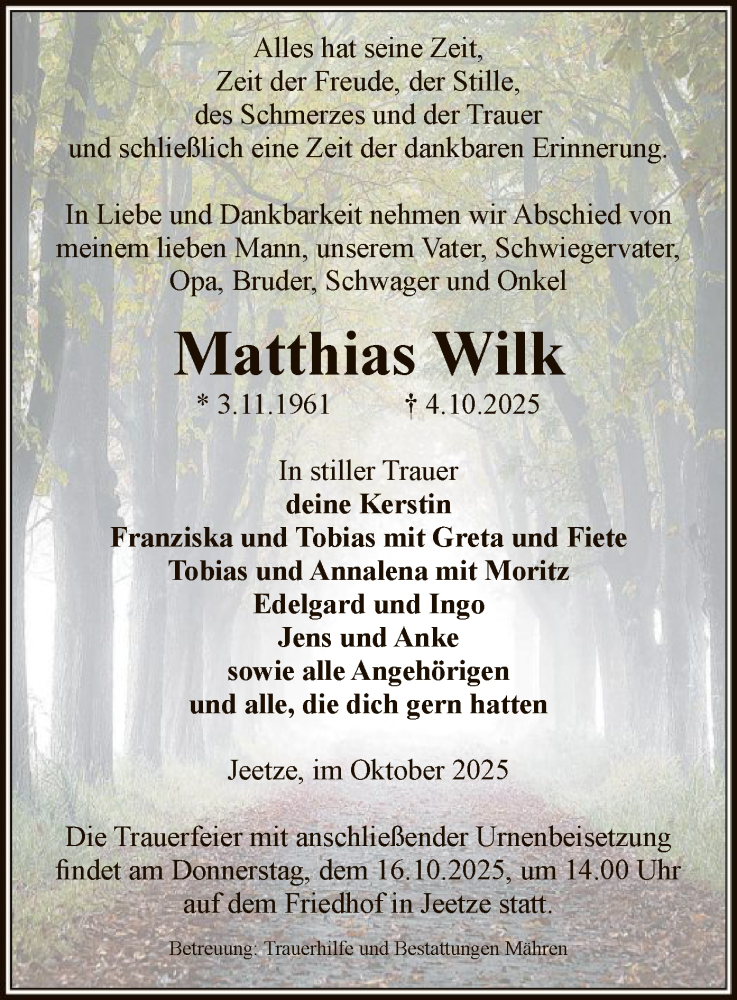  Traueranzeige für Matthias Wilk vom 09.10.2025 aus AMZ