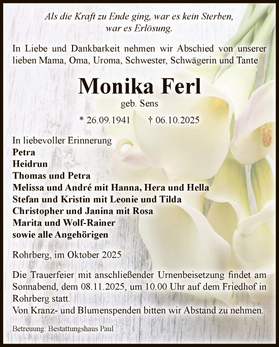 Traueranzeige von Monika Ferl von AMZ