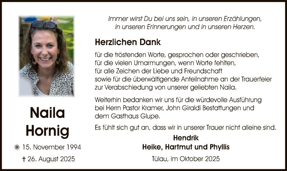  Traueranzeige für Naila Hornig vom 11.10.2025 aus IK