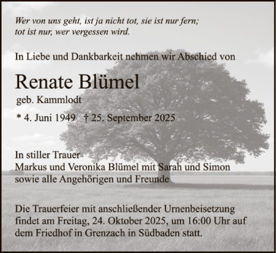 Traueranzeige von Renate Blümel von AZ