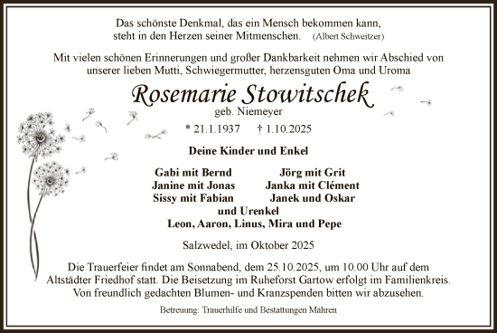 Traueranzeige von Rosemarie Stowitschek von AMZ