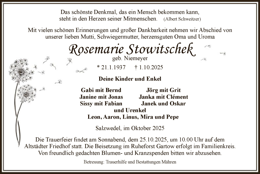 Traueranzeige für Rosemarie Stowitschek vom 10.10.2025 aus AMZ
