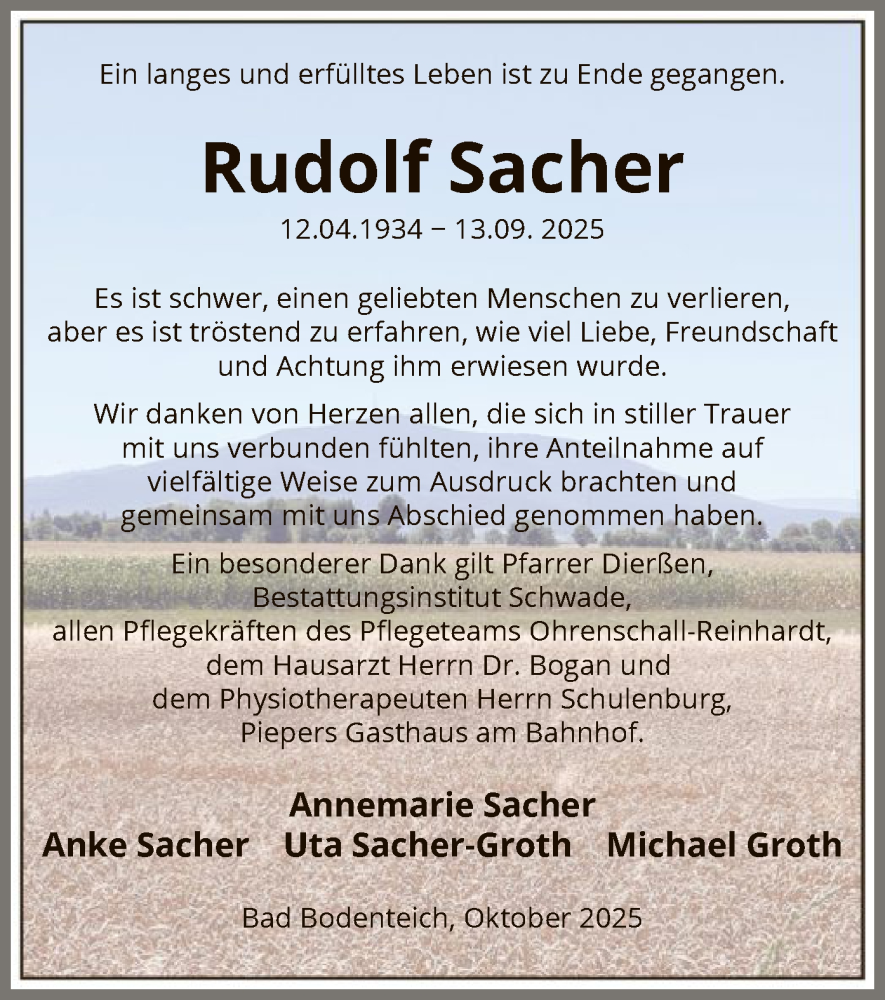  Traueranzeige für Rudolf Sacher vom 11.10.2025 aus AZ