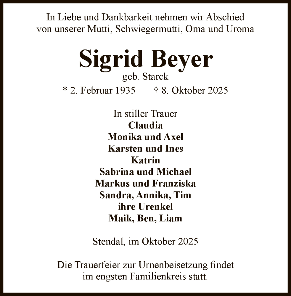  Traueranzeige für Sigrid Beyer vom 11.10.2025 aus AMZ