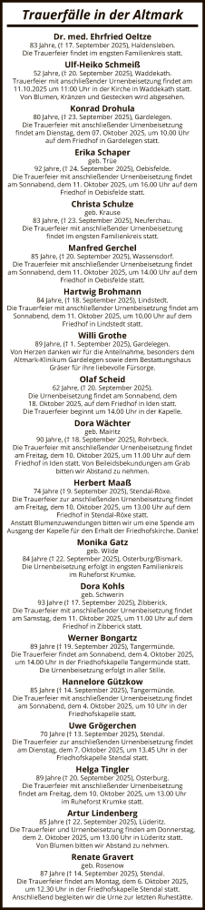 Traueranzeige von Sterbetafel vom 01.10.2025 von AMZ