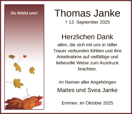 Traueranzeige von Thomas Janke von IK