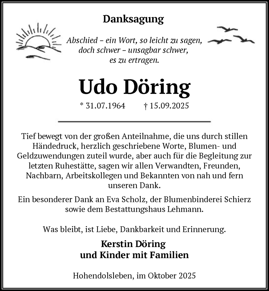  Traueranzeige für Udo Döring vom 25.10.2025 aus AMZ