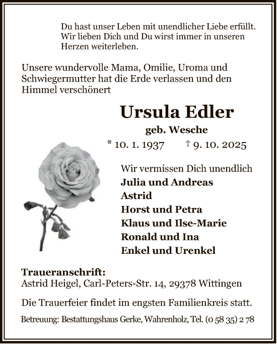 Traueranzeige von Ursula Edler von IK