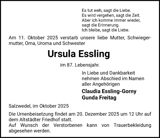 Traueranzeige von Ursula Essling von AMZ