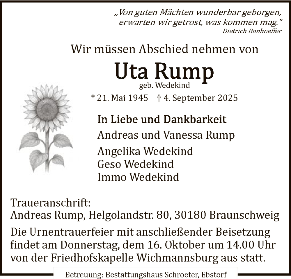  Traueranzeige für Uta Rump vom 04.10.2025 aus AZ