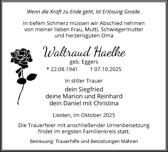 Traueranzeige von Waltraud Haelke von AMZ