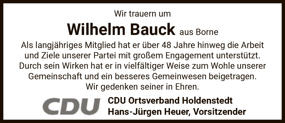  Traueranzeige für Wilhelm Bauck vom 22.10.2025 aus AZ