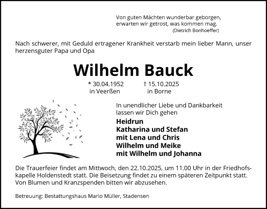 Traueranzeige von Wilhelm Bauck von AZ