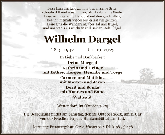 Traueranzeige von Wilhelm Dargel von IK