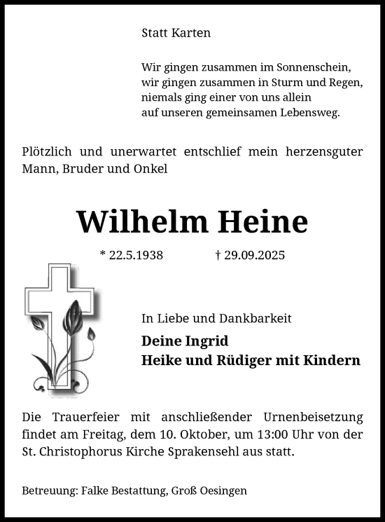 Traueranzeige von Wilhelm Heine von IK