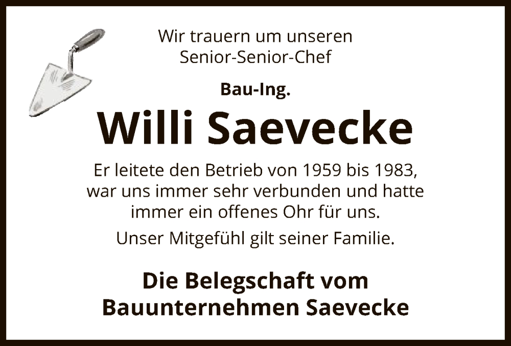  Traueranzeige für Willi Saevecke vom 11.10.2025 aus AZ