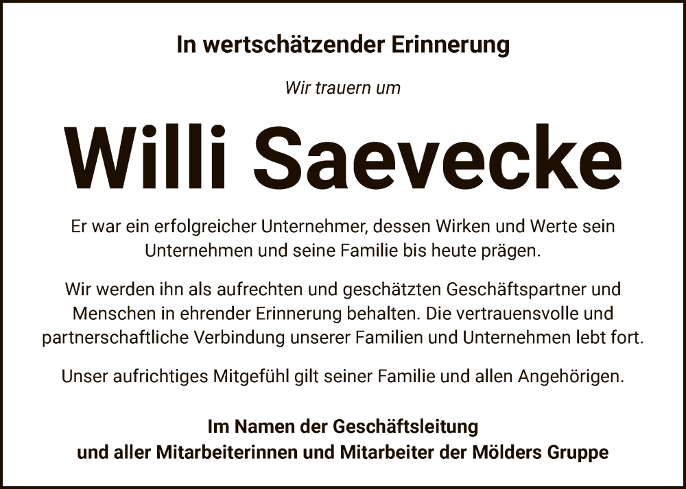  Traueranzeige für Willi Saevecke vom 17.10.2025 aus AZ