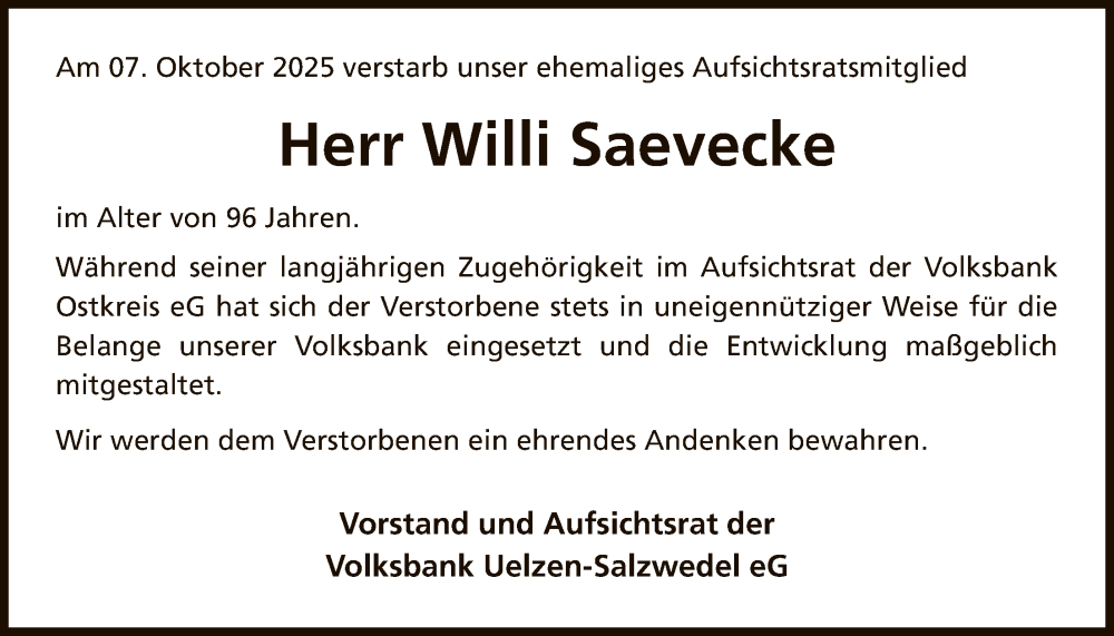  Traueranzeige für Willi Saevecke vom 15.10.2025 aus AZ