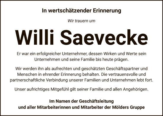 Traueranzeige von Willi Saevecke von AZ