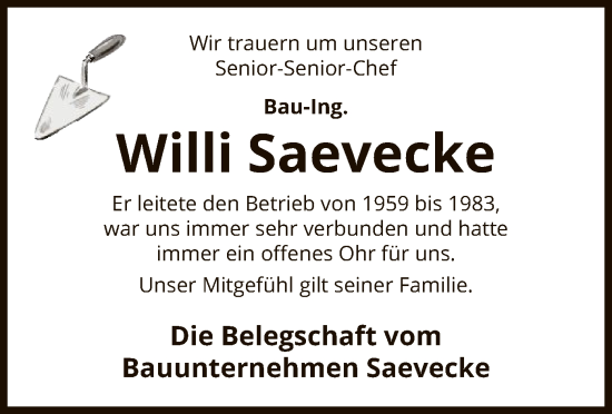 Traueranzeige von Willi Saevecke von AZ