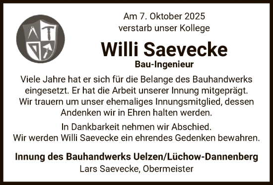 Traueranzeige von Willi Saevecke von AZ