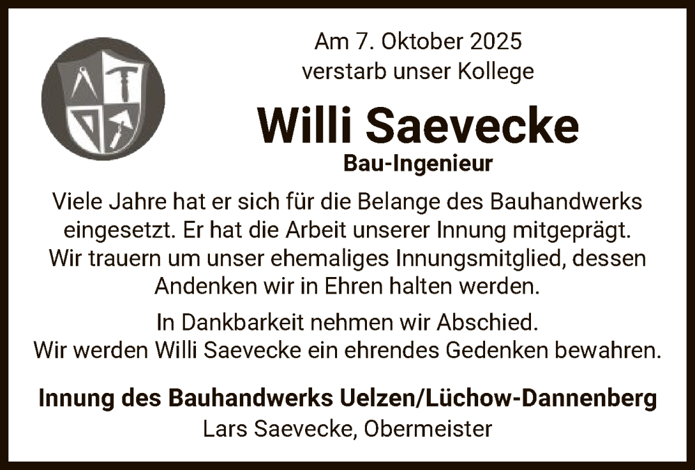  Traueranzeige für Willi Saevecke vom 11.10.2025 aus AZ