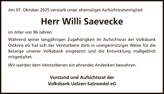 Traueranzeige von Willi Saevecke von AZ