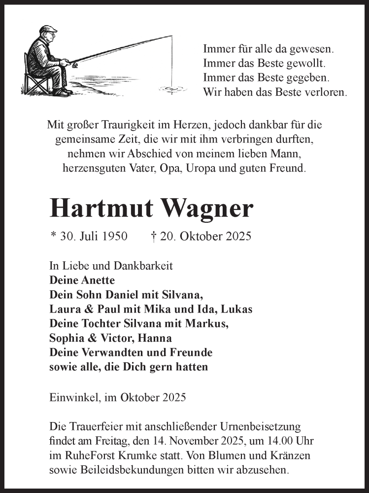  Traueranzeige für Hartmut Wagner vom 05.11.2025 aus AMZ