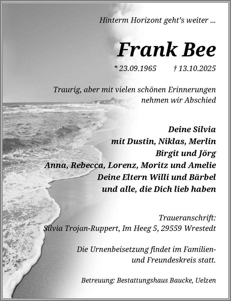  Traueranzeige für Frank Bee vom 14.11.2025 aus IK