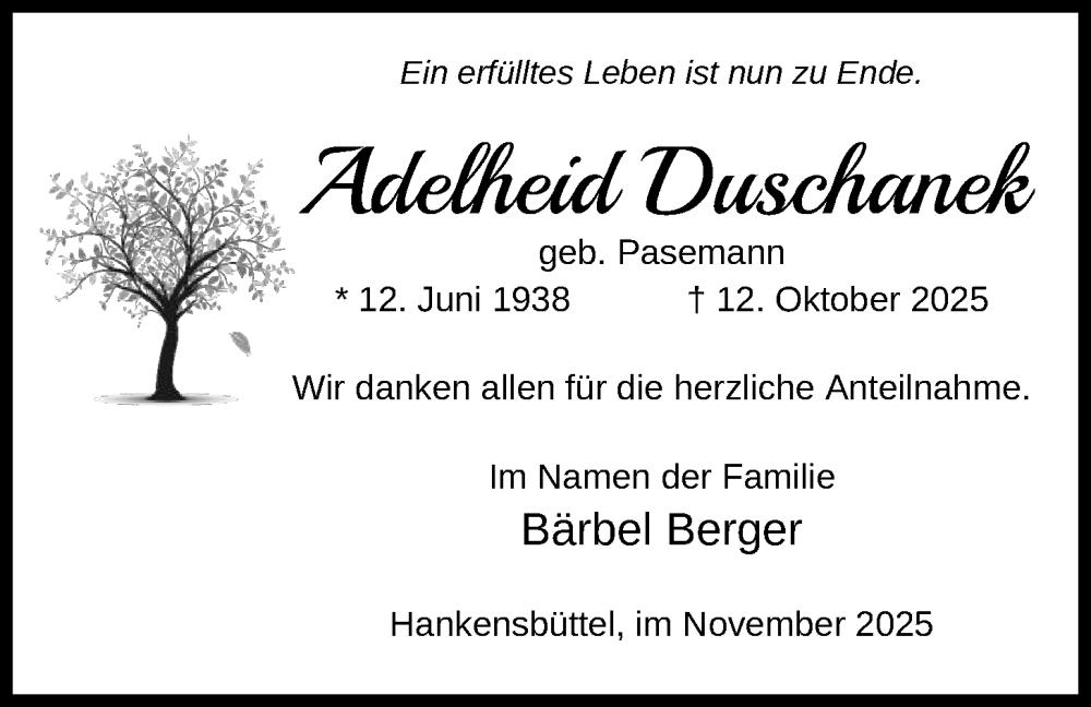  Traueranzeige für Adelheid Duschanek vom 08.11.2025 aus IK