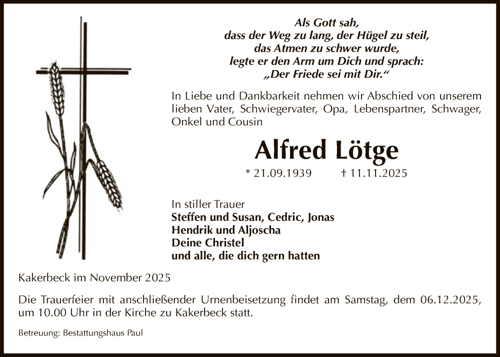  Traueranzeige für Alfred Lötge vom 15.11.2025 aus AMZ