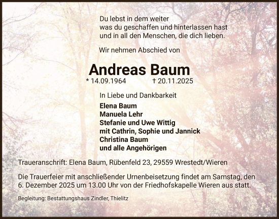 Traueranzeige von Andreas Baum von AZ
