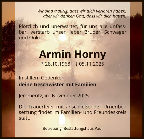 Traueranzeige von Armin Horny von AMZ