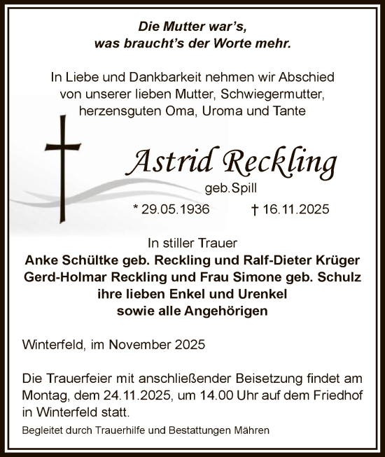 Traueranzeige von Astrid Reckling von AMZ
