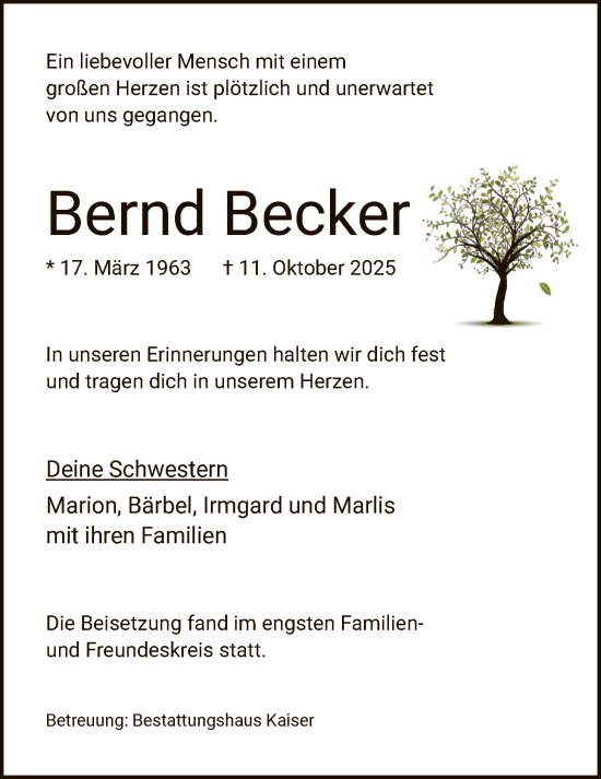 Traueranzeige von Bernd Becker von AZ