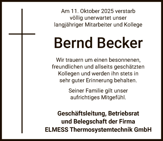 Traueranzeige von Bernd Becker von AZ