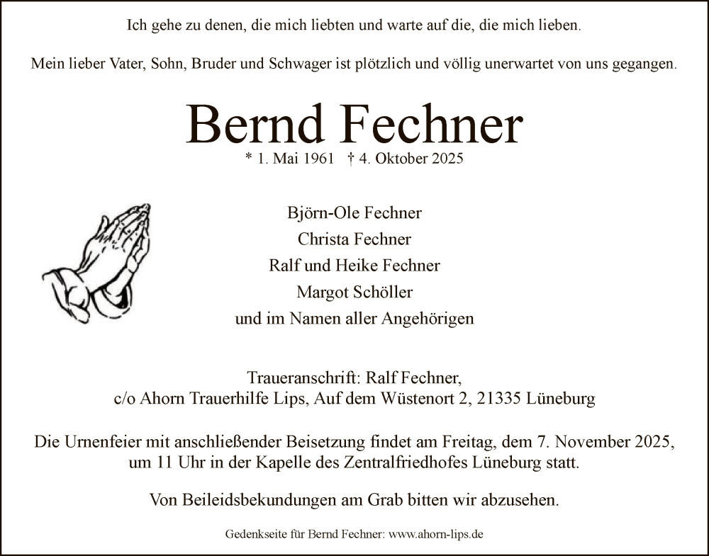  Traueranzeige für Bernd Fechner vom 01.11.2025 aus AZ